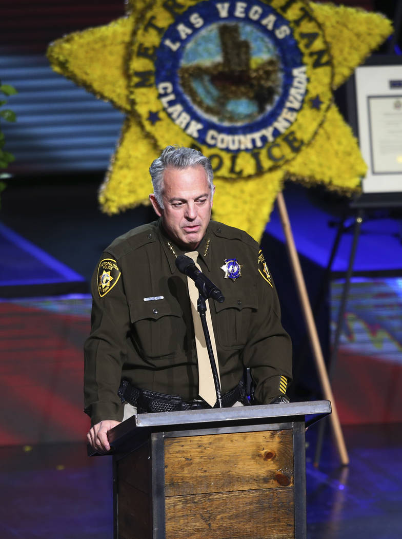 Sheriff Joseph Lombardo of the Las Vegas police department speaks during a funeral for Las Vegas police officer Charleston Hartfield, Friday, Oct. 20, 2017, in Henderson, Nev. Hartfield was killed ...