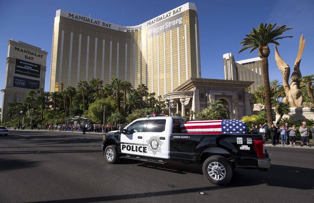 The procession for Metro officer Charleston Hartfield passes by Mandalay Bay on the Las Vegas Strip en route to a funeral service on Friday, Oct. 20, 2017. (Richard Brian Las Vegas Review-Journal) ...