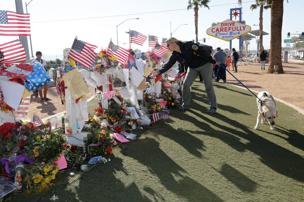 Members of the FBI Crisis Response K-9 team work at the Welcome to Fabulous Las Vegas sign in Las Vegas, Saturday, Oct. 14, 2017. People made a makeshift memorial for the mass shooting victims nea ...