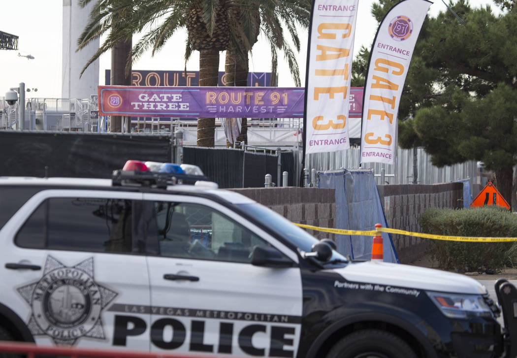 Police keep guard at the site of the Route 91 Harvest country music festival at the Las Vegas Village festival grounds, Thursday, Oct. 19, 2017. Richard Brian Las Vegas Review-Journal @vegasphotograph
