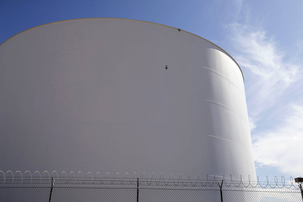 Bullet holes marked as evidence on a fuel tank near the site of the Route 91 Harvest country music festival in Las Vegas on Thursday, Oct. 19, 2017. The tank was struck by gunfire, October 1, 2017 ...