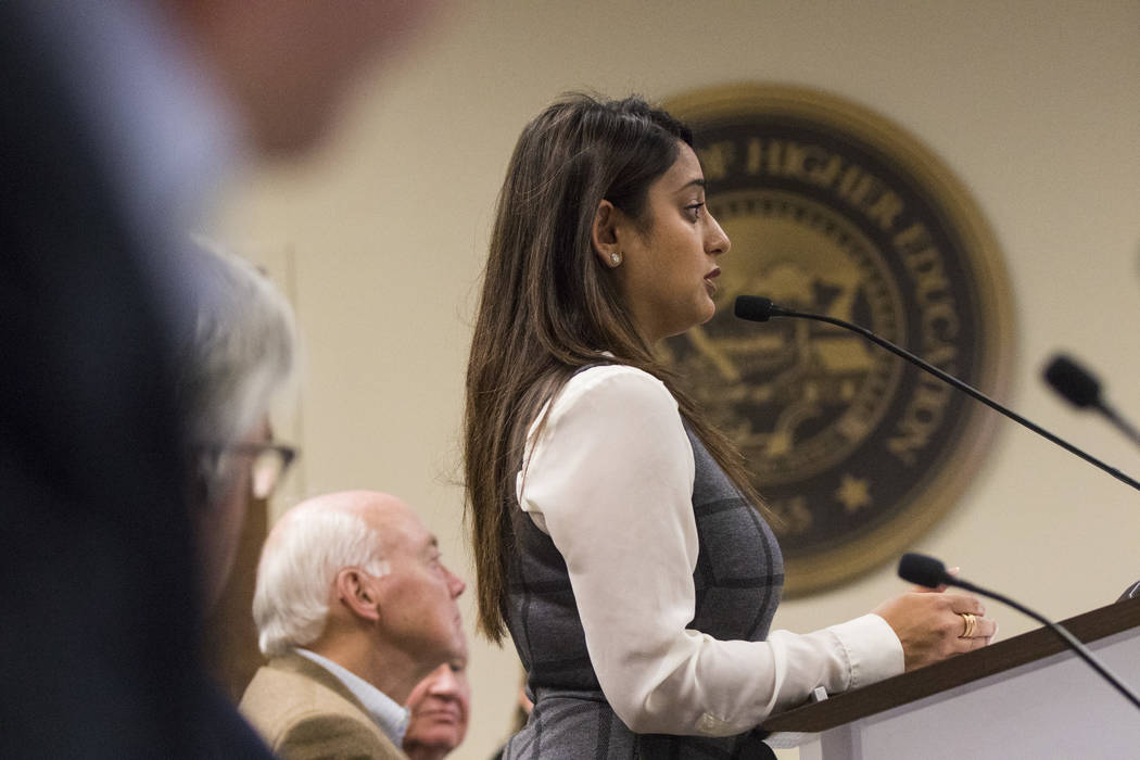 Dina Patel, nurse practitioner at the pediatric HIV program at UNLV's School of Community Health Sciences, speaks during public comment at a meeting of the Nevada Board of Regents at the Nevada Sy ...