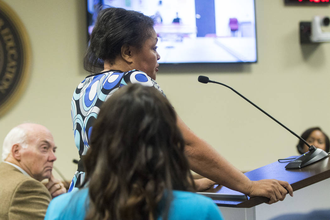 Simona Johnson, mother of a daughter with HIV, speaks during public comment at a meeting of the Nevada Board of Regents at the Nevada System of Higher Education administration office in Las Vegas  ...