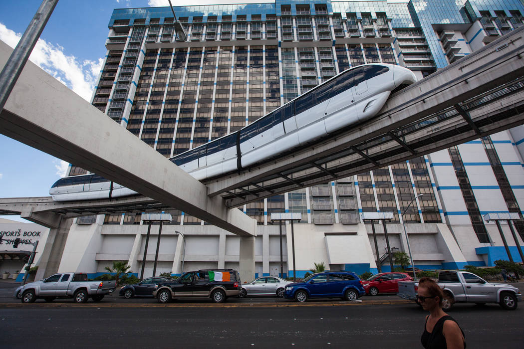 The Las Vegas Monorail passes over traffic on Flamingo Road near Linq Lane in Las Vegas on Thursday, July 9, 2015. (Chase Stevens/Las Vegas Review-Journal) Follow Chase Stevens on Twitter @cssteve ...