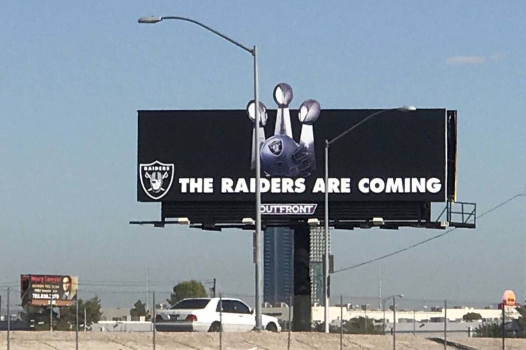 The Raiders updated their billboard at the Las Vegas stadium site in early September, showing three Super Bowl trophies. (Heidi Fang/Las Vegas Review-Journal)