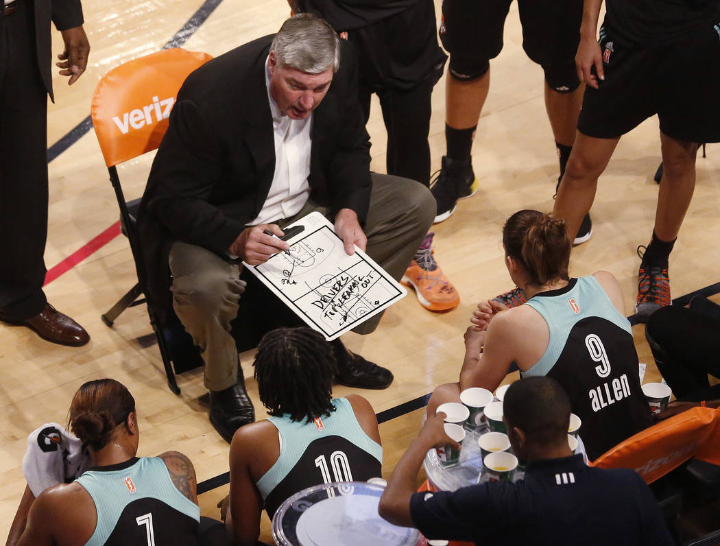 In this Sunday, July 2, 2017 photo, New York Liberty head coach Bill Laimbeer draws up a play during the Atlanta Dream's 81-72 win over the Liberty in McCamish Pavilion, in Atlanta. (AP Photo/Andy ...