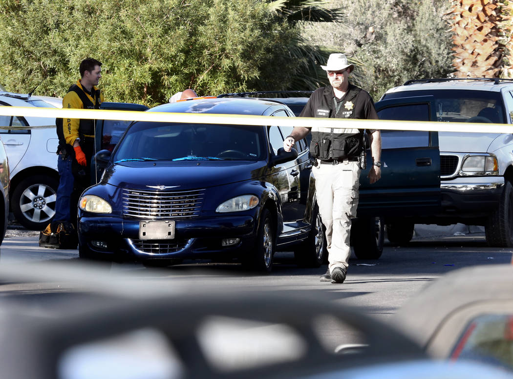 Las Vegas police are investigating a homicide Monday, Oct. 16, 2017 at Cedar Avenue near Eastern Avenue. 
A man suffering gunshot wounds was hospitalized at University Medical Center, where he lat ...