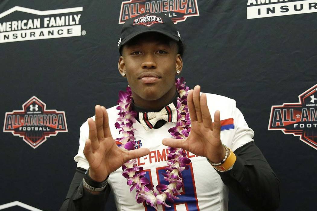 Bishop Gorman’s tight end Brevin Jordan, receives his honorary All America Game jersey at his school Wednesday, Oct. 25, 2017, in Las Vegas. Bizuayehu Tesfaye Las Vegas Review-Journal @bizu ...