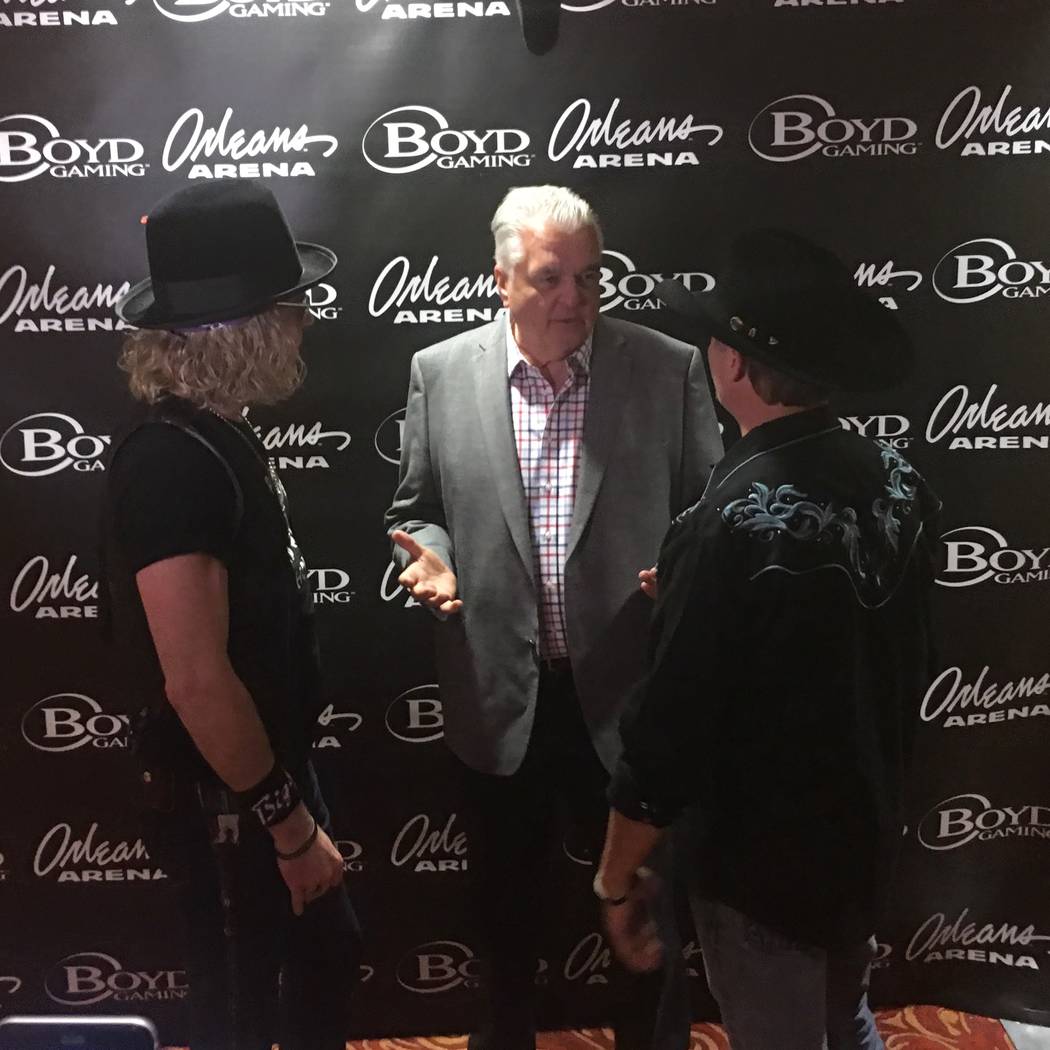 "Big Kenny" Alphin, far left, and John Rich of Big & Rich meet with Clark Country Commission Chair Steve Sisolak before "Vegas Strong: A Night of Healing" at the Orleans Arena on Thursday, Oct ...