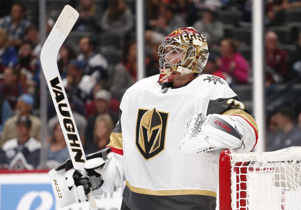 Las Vegas Golden Knights goalie Maxime Lagace looks on during the first period of a preseason hockey game against the Colorado Avalanche Tuesday, Sept. 19, 2017, in Denver. (AP Photo/Jack Dempsey)