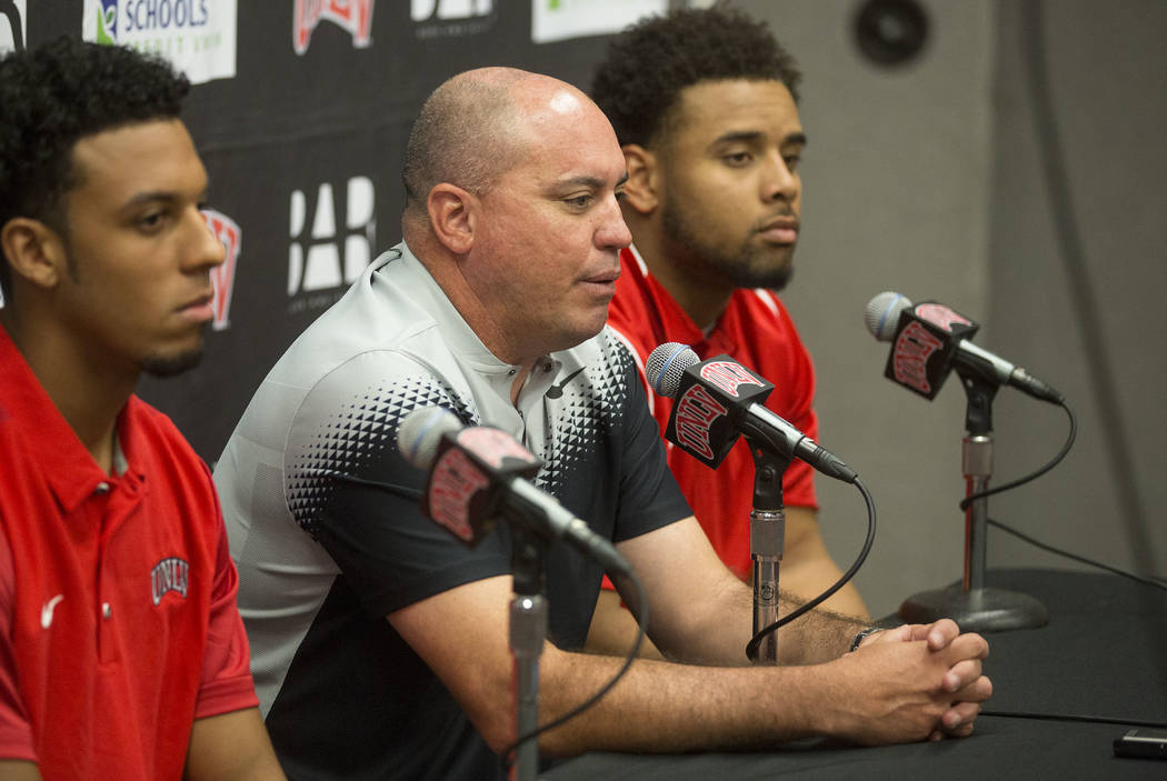 UNLV head coachʔony Sanchez speaksʤuring a press conference at UNLV's Lied Athletic Complex in Las Vegas on Tuesday, Oct. 31, 2017. Bridget Bennett Las Vegas Review-Journal @BridgetKBe ...
