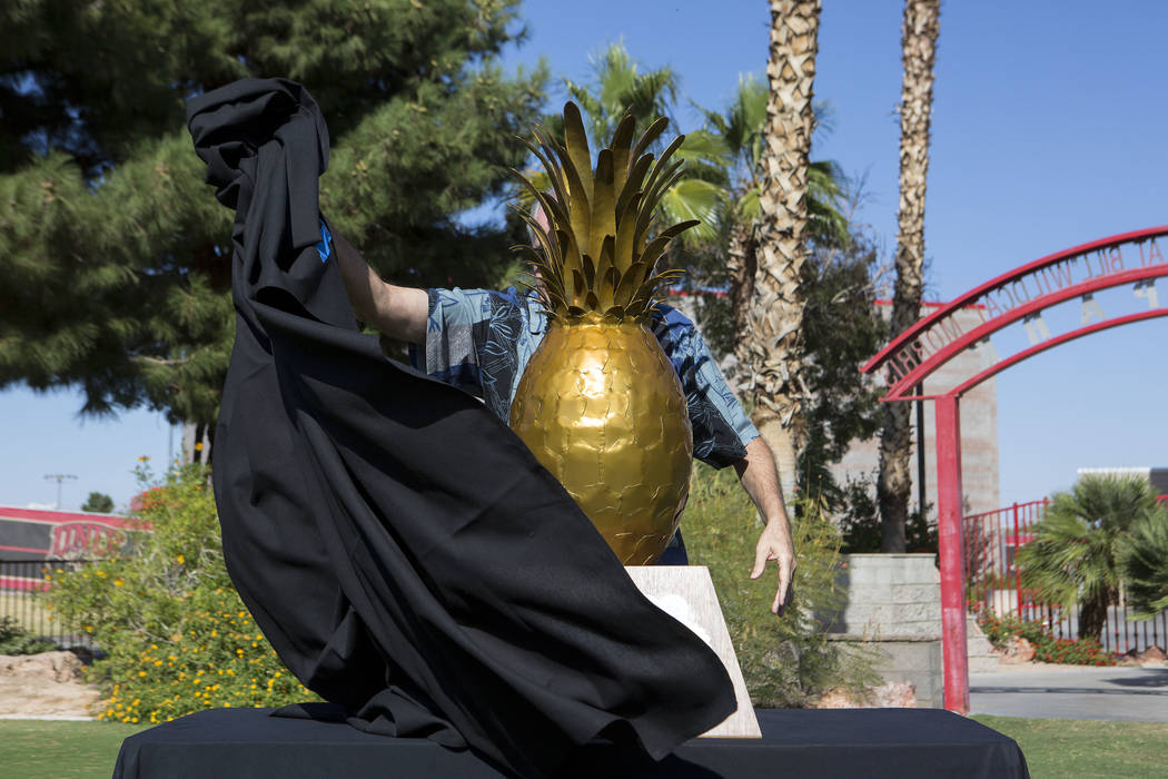 UNLV and Hawai‘i will play for the Island Showdown Trophy which was revealed at Lied Athletic Complex at UNLV in Las Vegas on Tuesday, Oct. 31, 2017. Bridget Bennett Las Vegas Review-Journal @Br ...