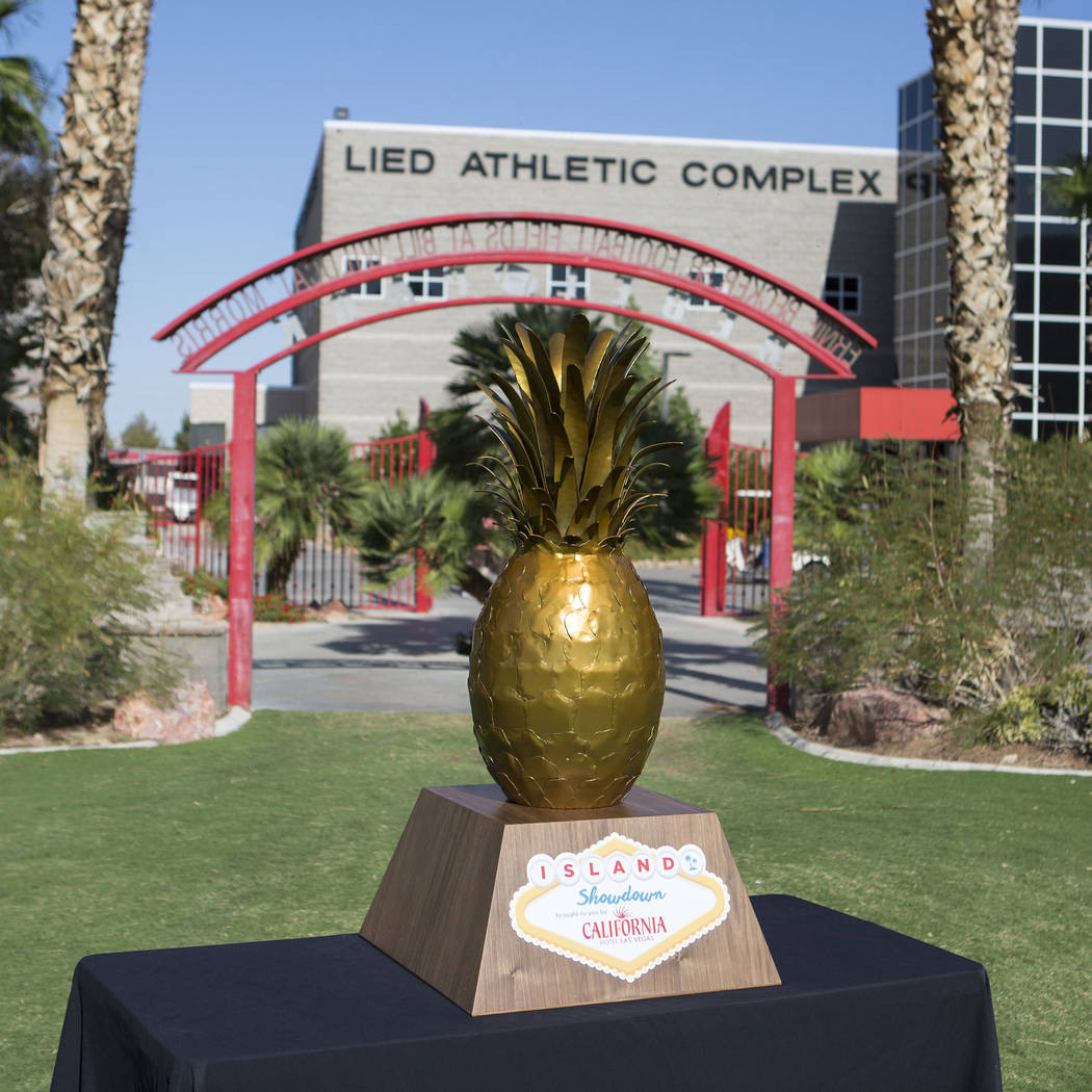 UNLV and Hawai‘i will play for the Island Showdown Trophy which was revealed at Lied Athletic Complex at UNLV in Las Vegas on Tuesday, Oct. 31, 2017. Bridget Bennett Las Vegas Review-Journal @Br ...