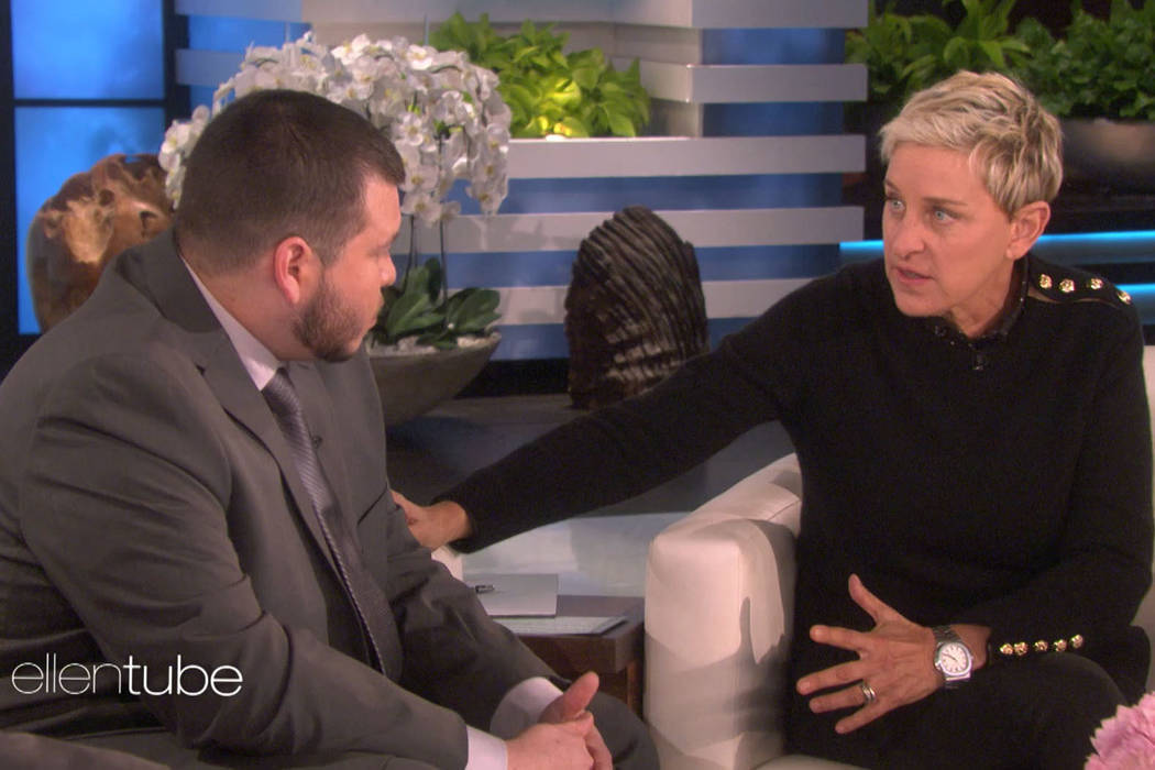 Ellen DeGeneres, right, sits down with Mandalay Bay security officer Jesus Campos, who was one of the first people to encounter Stephen Paddock on the night of the Las Vegas shooting. (Michael Roz ...