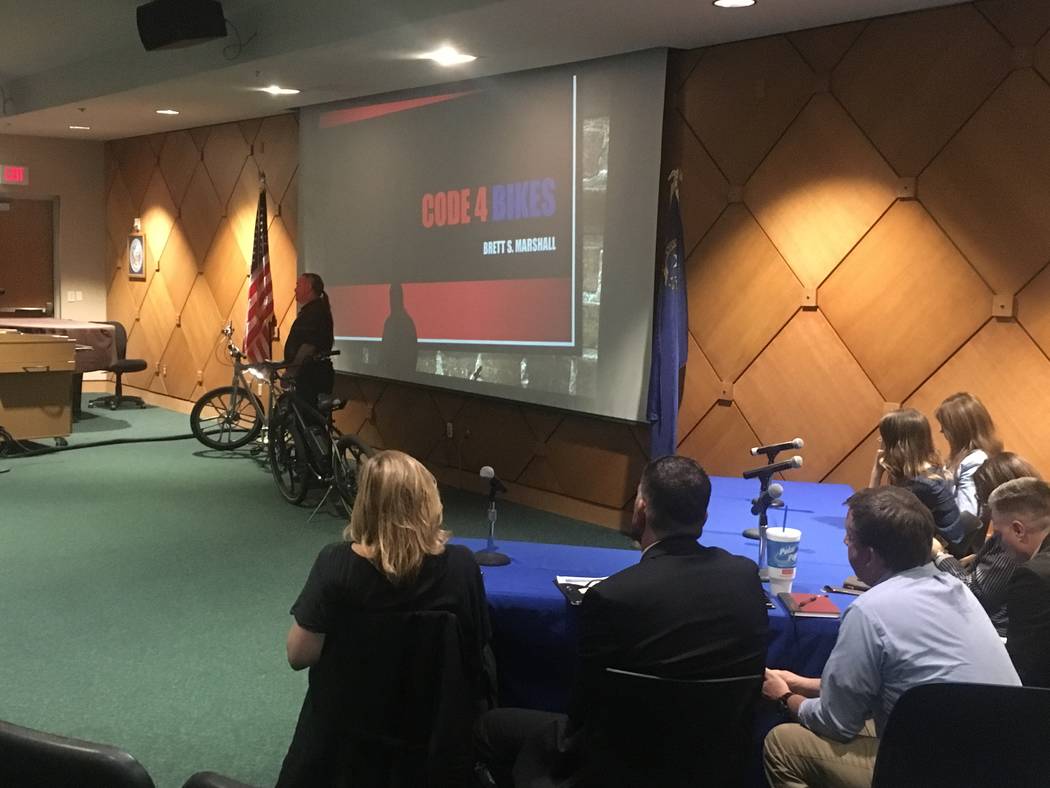The panel of judges watches as Brett Marshall presents his Code 4 Bikes business pitch. (Diego Mendoza-Moyers/View) @dmendozamoyers