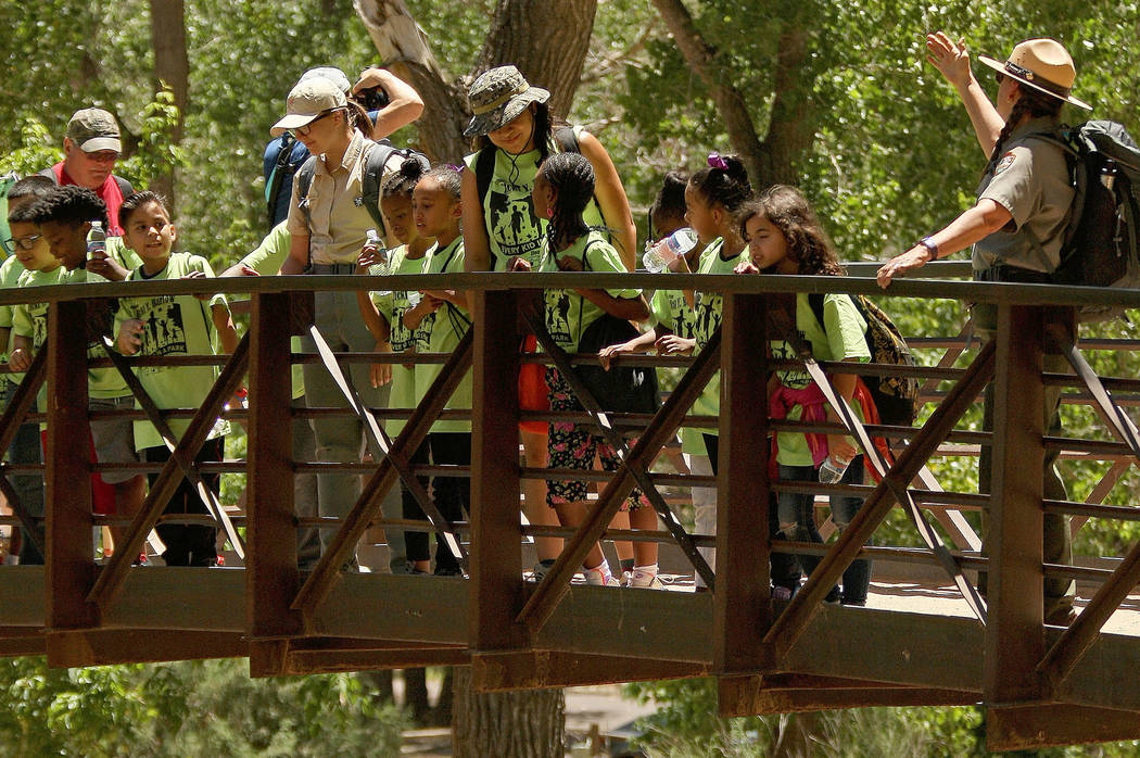 Students and chaperones look over the bridge to see the Virgin River at Zion National Park during the &quot;1 Million African American Youth In A Park&quot;, Saturday, June 10, 2017. One h ...