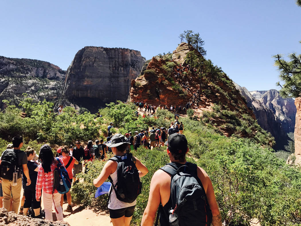 Hikers line up on the Angel's Landing Trail at Zion National Park on May 28. The park in Utah is one of 17 National Park Service sites being considered for substantial peak-season fee increases. B ...