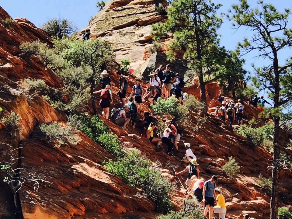 A line of hikers climbs up to the Angel's Landing at Zion National Park on May 28. The park in Utah is one of 17 National Park Service sites being considered for substantial peak-season fee increa ...