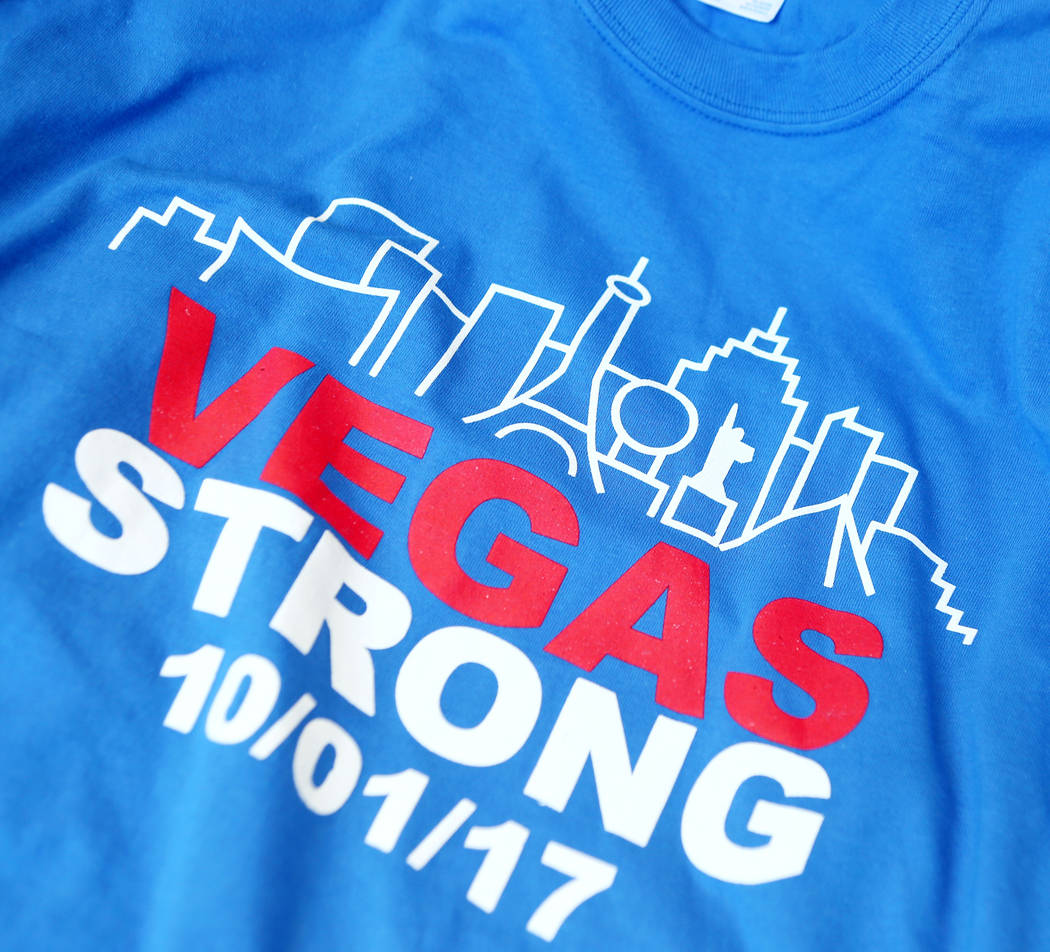 A Vegas Strong T-shirt ready to be distributed to a school in the Clark County School District as a fundraiser for at Green Valley High School in Henderson, Wednesday, Oct. 25, 2017. (Elizabeth Br ...