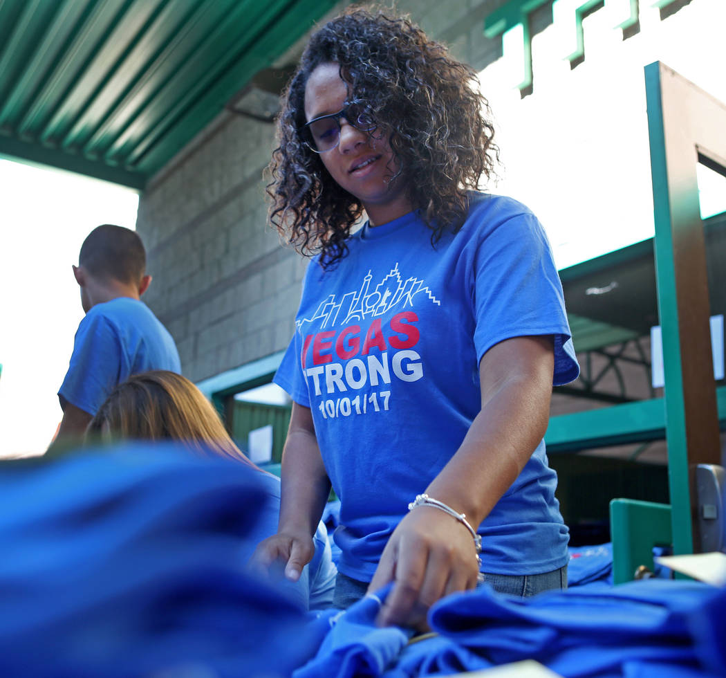 Senior Chaynare Christian, 17, organizes for schools to pick up their order of Las Vegas Strong T-shirts at Green Valley High School in Las Vegas, Wednesday, Oct. 25, 2017. More than 130 schools i ...