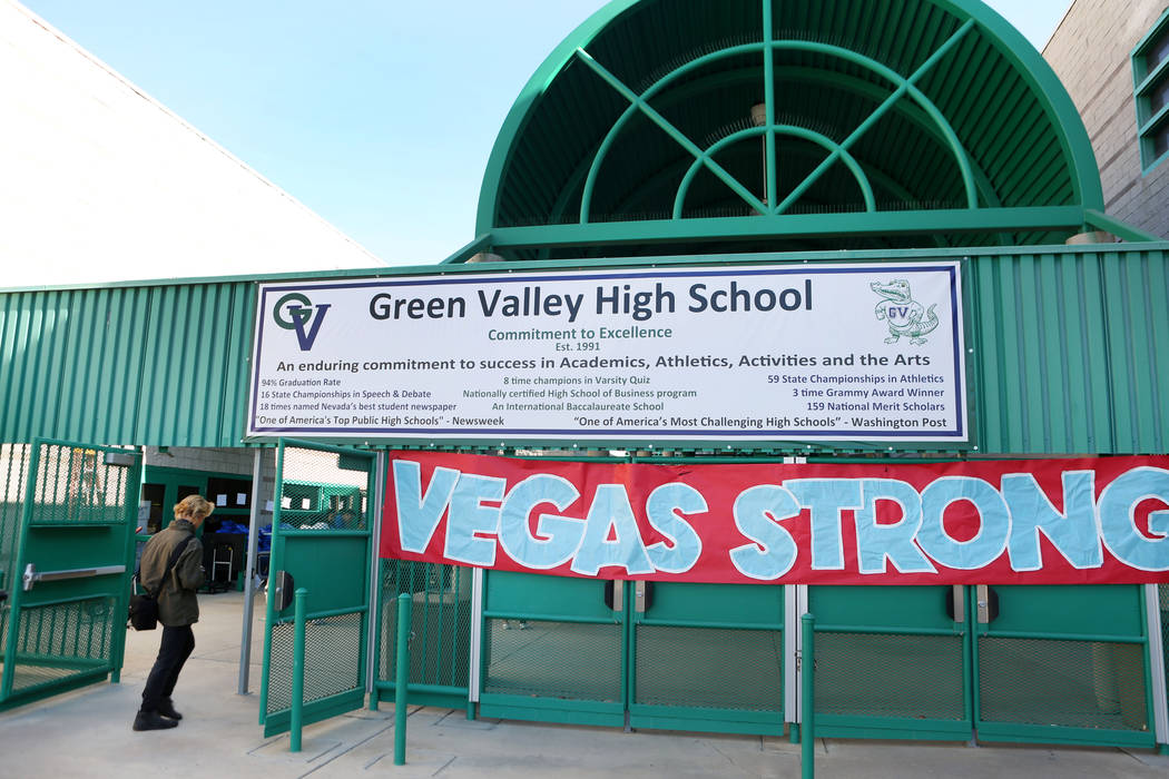 A Vegas Strong signs hangs at Green Valley High School in Las Vegas, Wednesday, Oct. 25, 2017. (Elizabeth Brumley/Las Vegas Review-Journal) @EliPagePhoto