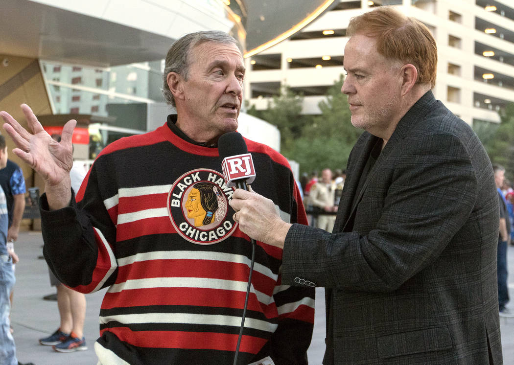 Longtime Chicago Blackhawks hockey fan Peter MacKenzie, left, with Review-Journal columnist Ed Graney at the T-Mobile Arena in Las Vegas on Tuesday, Oct. 24, 2017. Heidi Fang/Las Vegas Review-Jour ...