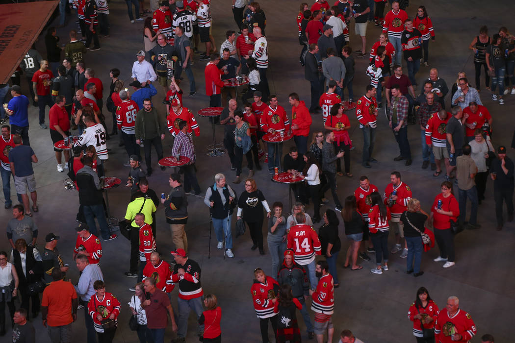 Chicago Blackhawks fans arrive at T-Mobile arena ahead of an NHL hockey game against the Golden Knights' at T-Mobile Arena in Las Vegas on Tuesday, Oct. 24, 2017. Chase Stevens Las Vegas Review-Jo ...