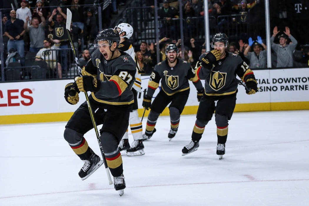 Vegas Golden Knights Vadim Shipachyov (87) celebrates after scoring against the Boston Bruins during the second period of an NHL hockey game at T-Mobile Arena in Las Vegas, Sunday, Oct. 15, 2017.  ...
