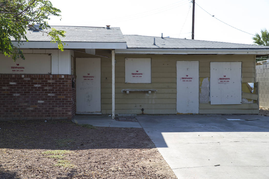 Boarded up doors and windows at a residence located at 1348 Pyramid Dr., near Vegas Dr. and Rancho Dr., in northwest Las Vegas Monday, June 19, 2017. Richard Brian Las Vegas Review-Journal @vegasp ...