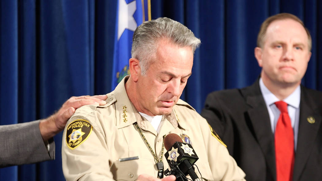 Clark County Sheriff Joe Lombardo, left, gets emotional during a news conference at the Metropolitan Police Department in Las Vegas on Oct. 13, 2017, with FBI Special Agent in Charge Aaron Rouse. ...