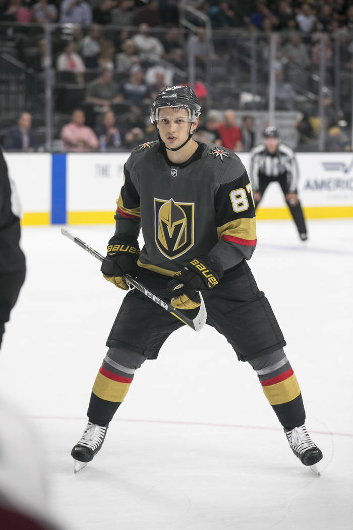 Vegas Golden Knights center Vadim Shipachyov (87) on the ice during the second period of a preseason NHL hockey game between the Vegas Golden Knights and the Colorado Avalanche on Thursday, Sept.  ...