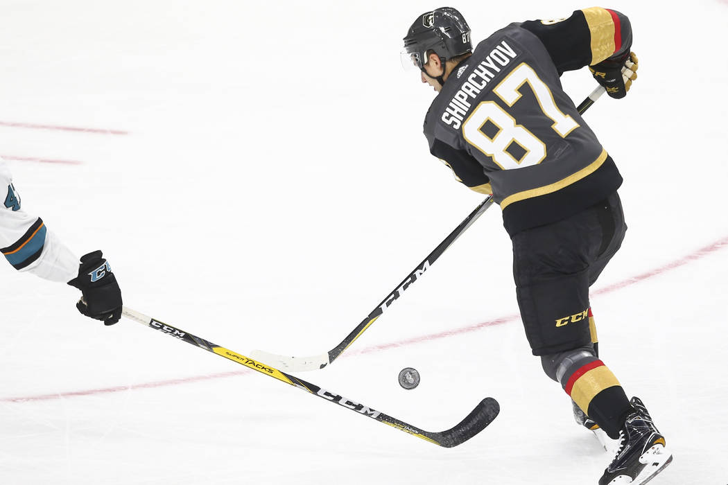 Golden Knights' Vadim Shipachyov (87) moves the puck against the San Jose Sharks during the first period of an NHL preseason hockey game at T-Mobile Arena in Las Vegas on Sunday, Oct. 1, 2017. Cha ...
