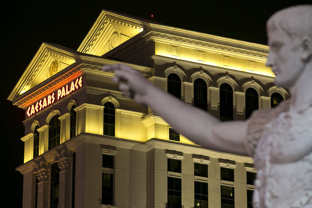 A marble replica of Augustus of Prima Porta stands at the Las Vegas Strip entrance of Caesars Palace, Monday, July 24, 2017. (Richard Brian/Las Vegas Review-Journal) @vegasphotograph