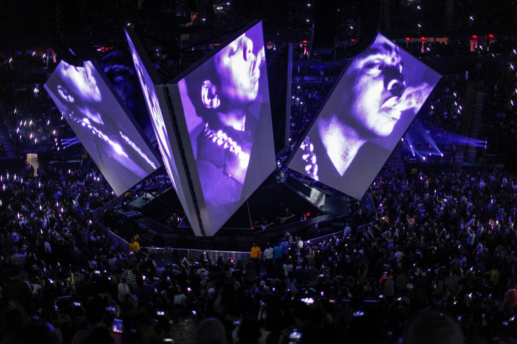 Screens project faces of rapper Jay-Z during his &quot;4:44&quot; Tour at the T-Mobile Arena in Las Vegas, Saturday, Oct. 28, 2017. Joel Angel Juarez Las Vegas Review-Journal @jajuarezphoto