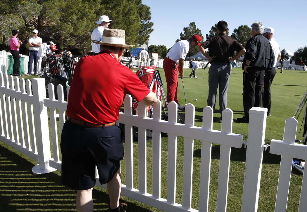 Kurt Wensler of Canada watches as players practice their putting as they prepare for the Shrine Hospitals for Children Open golf tournament at TPC Summerlin Tuesday, Oct. 31, 2017, in Las Vegas. B ...