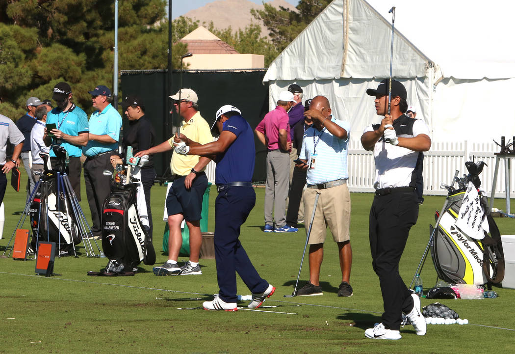 Players practice at a driving range as they prepare for the Shrine Hospitals for Children Open golf tournament at TPC Summerlin Tuesday, Oct. 31, 2017, in Las Vegas. Bizuayehu Tesfaye/Las Vegas Re ...