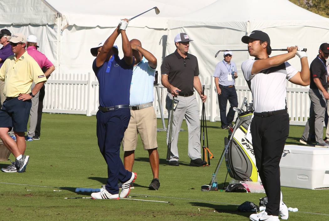 Players practice at a driving range as they prepare for the Shrine Hospitals for Children Open golf tournament at TPC Summerlin Tuesday, Oct. 31, 2017, in Las Vegas. Bizuayehu Tesfaye/Las Vegas Re ...