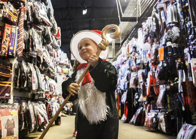 Nicolas Postlewait tries on a Cat in the Hat costume at Halloween Mart on Thursday, Sept. 29, 2016, in Las Vegas. Benjamin Hager/Las Vegas Review-Journal