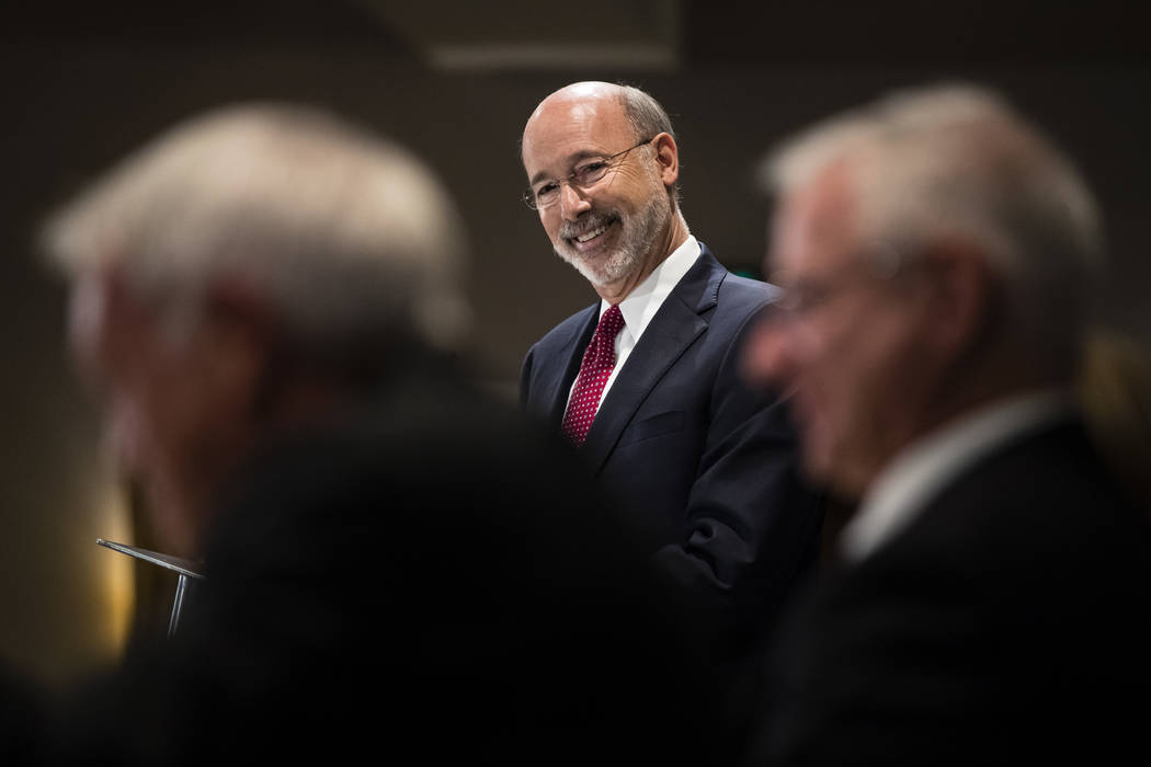 Pennsylvania Gov. Tom Wolf takes questions at a Pennsylvania Press Club luncheon in Harrisburg, Pa., Monday, Oct. 30, 2017. Wolf has approved legislation authorizing a major expansion of gambling  ...