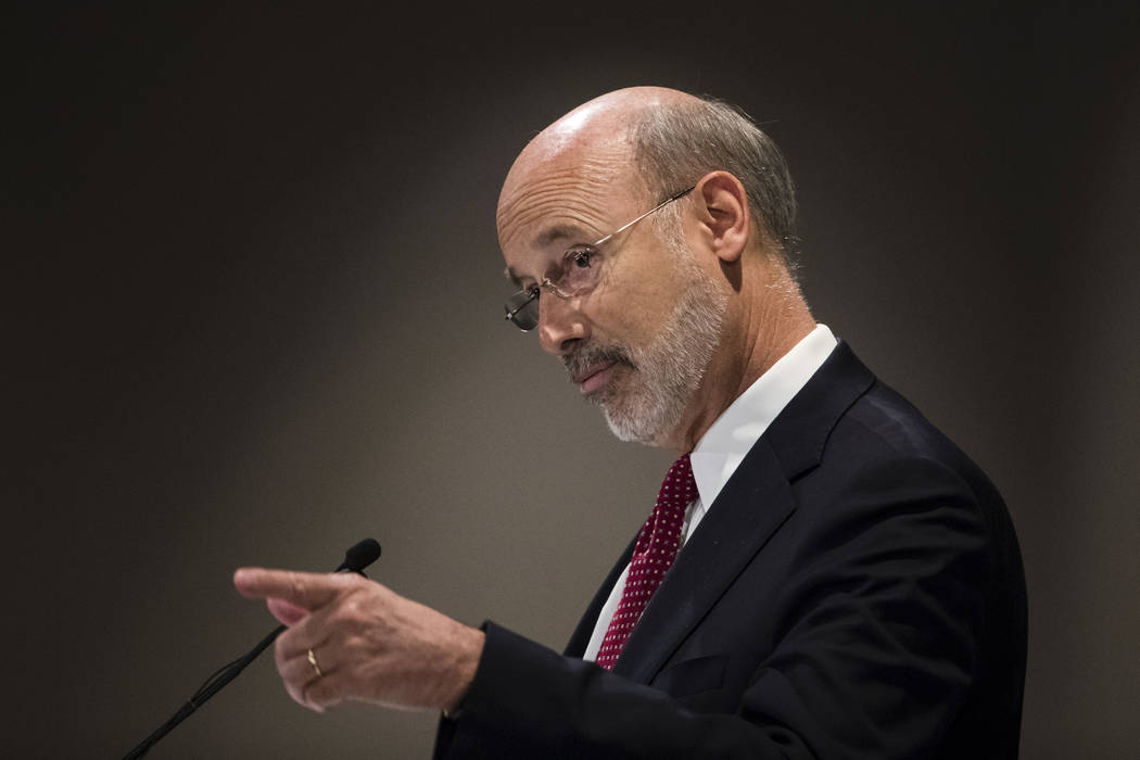 Pennsylvania Gov. Tom Wolf gestures as he speaks at a Pennsylvania Press Club luncheon in Harrisburg, Pa., Monday, Oct. 30, 2017. Wolf has approved legislation authorizing a major expansion of gam ...