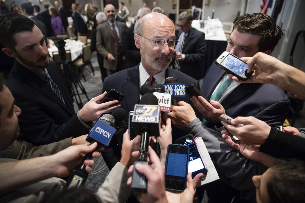 Pennsylvania Gov. Tom Wolf speaks with members of the media at aPennsylvania Press Club luncheon in Harrisburg, Pa., Monday, Oct. 30, 2017. Wolf has approved legislation authorizing a major expans ...