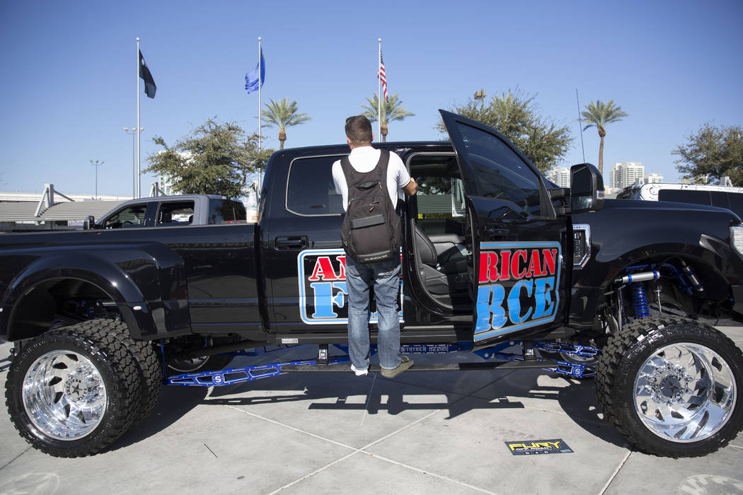 Hundreds of souped-up trucks are on display at the four-day Specialty Equipment Market Association (SEMA) show, that kicked off Tuesday, Oct. 31, 2017 in Las Vegas at the Las Vegas Convention Cent ...