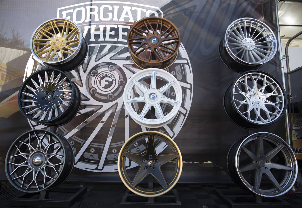 Forgiato is displaying about two dozens customized, high-end wheels at the Las Vegas Convention Center Tuesday, Oct. 31, 2017, as part of the four-day Specialty Equipment Market Association (SEMA) ...