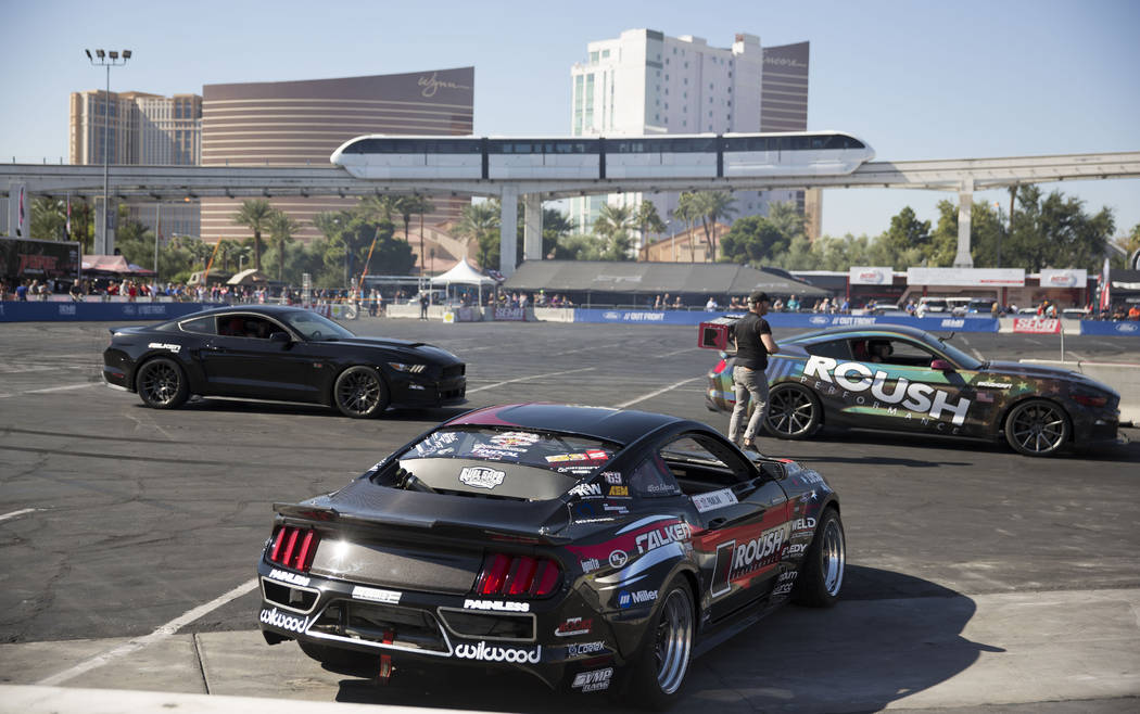 Ford cars drift outside the Las Vegas Convention Center Tuesday, Oct. 31, 2017, as part of the four-day Specialty Equipment Market Association (SEMA) show. Todd Prince Las Vegas Review-Journal