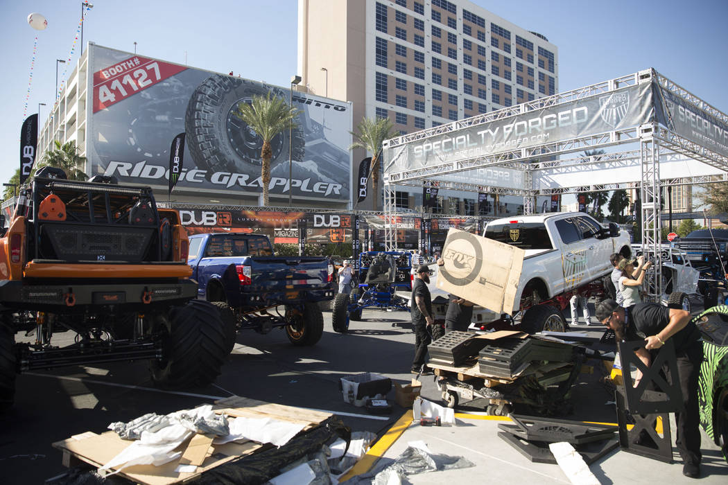 High suspension trucks on display at the Las Vegas Convention Center Tuesday, Oct. 31, 2017, as part of the four-day Specialty Equipment Market Association (SEMA) show. Todd Prince Las Vegas Revie ...