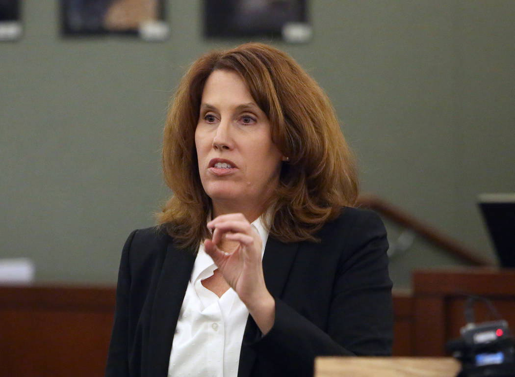 Prosecutor Pam Weckerly delivers her opening statement at the Regional Justice Center Tuesday, Oct. 31, 2017, in the trial of Bryan Clay, accused of raping and killing a woman and her 10-year daug ...