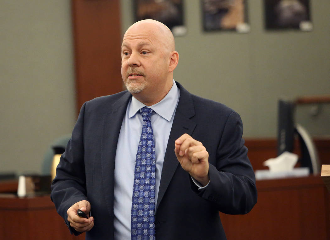 Defense attorney, Tony Sgro delivers his opening statement at the Regional Justice Center Tuesday, Oct. 31, 2017, in the trial of Bryan Clay, accused of raping and killing a woman and her 10-year ...
