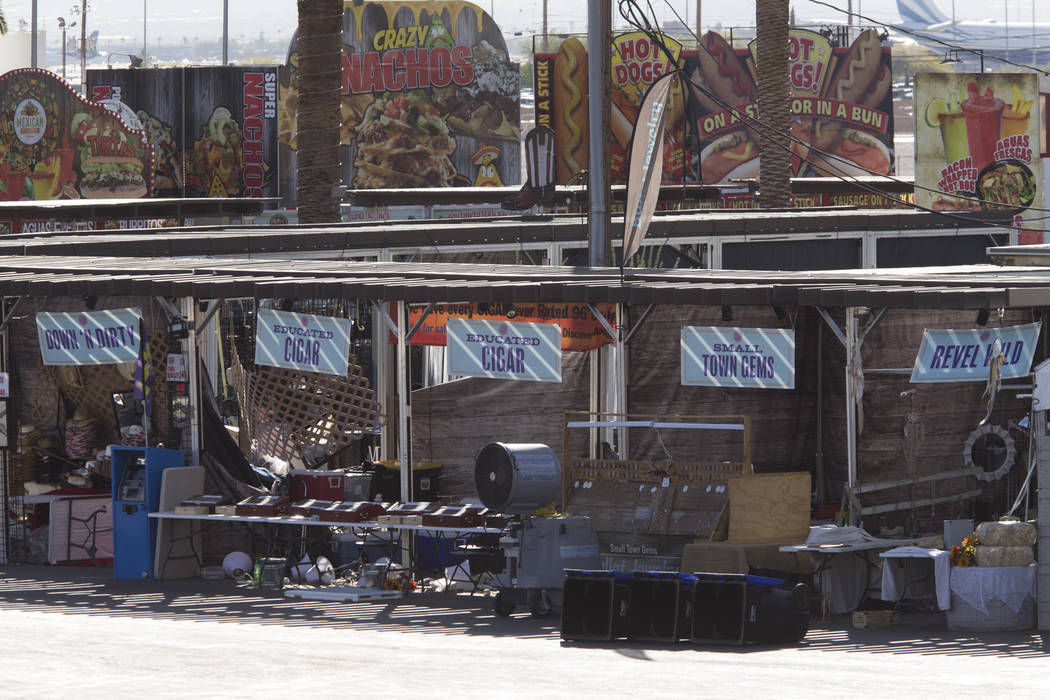 A row of vendor booths sits frozen in time at the Route 91 Harvest shooting site at Las Vegas Village festival grounds, Tuesday, Oct. 31, 2017. Richard Brian Las Vegas Review-Journal @vegasphotograph
