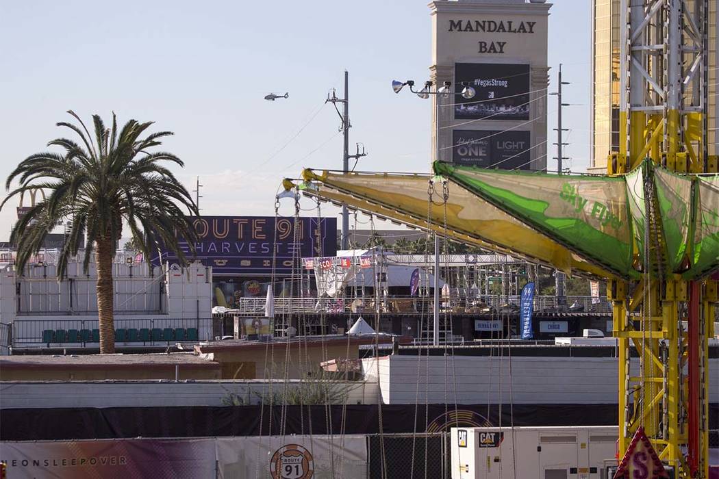 A Sky Flyer amusement ride sits at the Route 91 Harvest shooting site at Las Vegas Village festival grounds, Tuesday, Oct. 31, 2017. Richard Brian Las Vegas Review-Journal @vegasphotograph