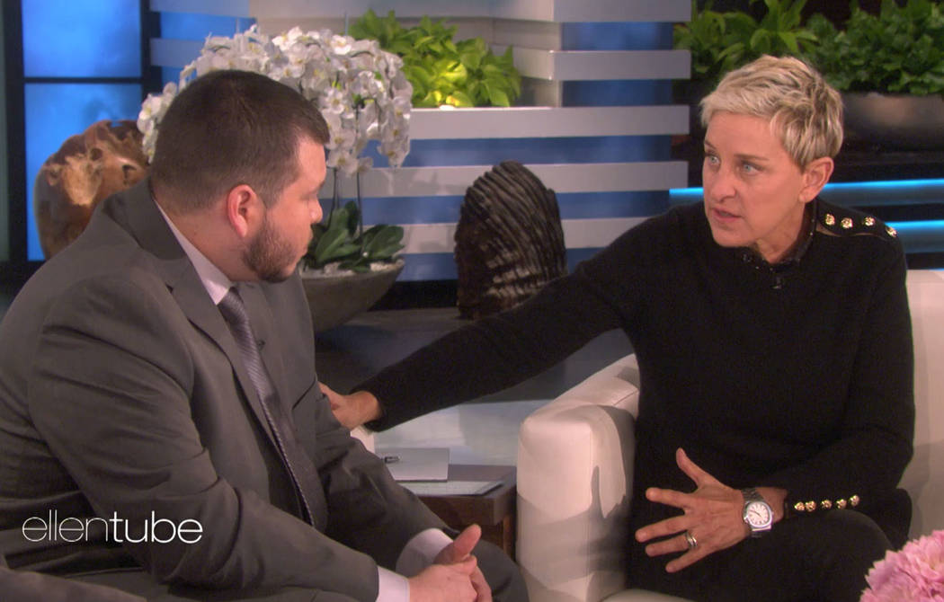 Ellen Degeneres, right, sits down with Mandalay Bay security officer Jesus Campos, who was one of the first people to encounter Stephen Paddock on the night of the Las Vegas shooting. Warner Bros.